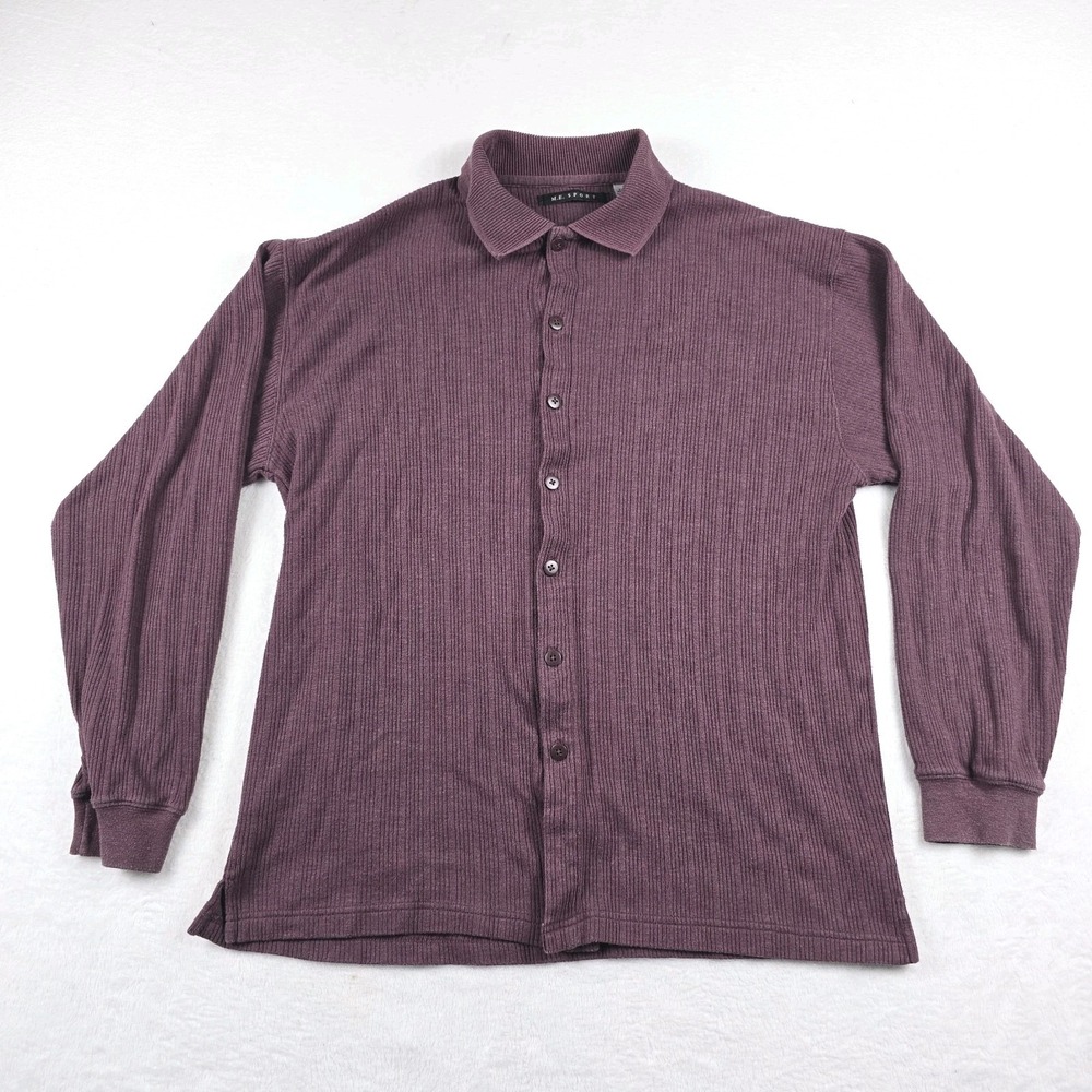 ME Sport Mens Large Burgundy Ribbed Knit Long Sleeve Button Down Polo Shirt